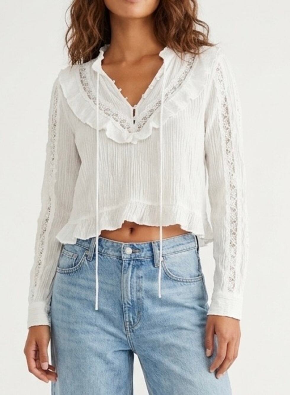 The Kooples Blouse White Tie Neckline Ruffle Lace Long Sleeve